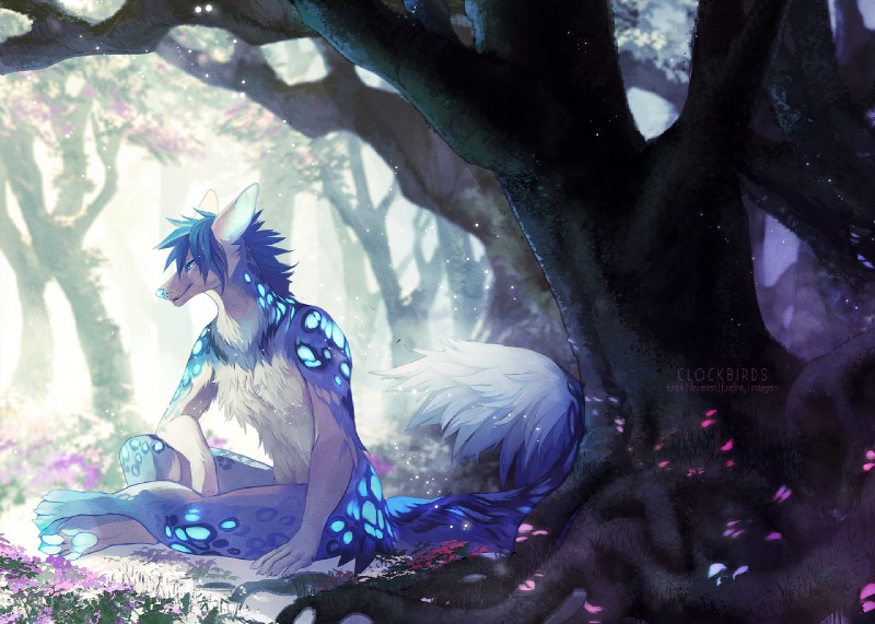 anthro biped black_hair black_spots blue_eyes blue_nose blue_pawpads blue_spots countershading detailed_background forest fur glowing glowing_markings glowing_pawpads grey_body grey_fur hair humanoid_hands male markings nature nude outside pawpads plant sitting snow solo spots tree white_body white_countershading clockbirds canid canine canis mammal wolf 2018 digital_media_(artwork)