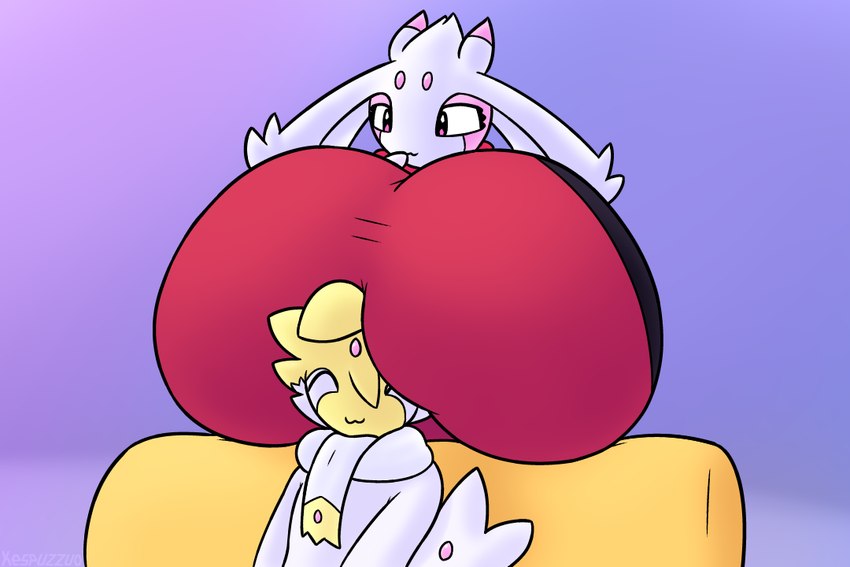 anthro big_breasts boob_hat breasts clothing duo female huge_breasts hyper hyper_breasts lake_guardians legendary_trio male male/female scarf kespuzzuo nintendo pokemon emronia fan_character povynn generation_4_pokemon legendary_pokemon mesprit pokemon_(species) 3:2