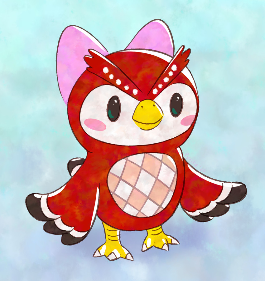 accessory beak feathered_wings feathers female hair_accessory hair_ribbon red_body ribbons simple_background solo wings pyritie animal_crossing nintendo celeste_(animal_crossing) avian bird owl 2020 digital_media_(artwork) hi_res