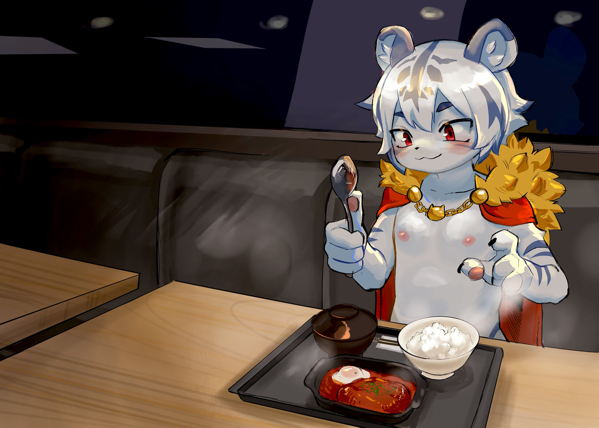 anthro blush claws clothing cutlery food food_tray fur furniture hair holding_object imminent_feeding inside kemono kitchen_utensils male mantle nipples pawpads red_eyes restaurant rice simple_background sitting smile solo spoon steam striped_body striped_fur stripes table tools white_body white_fur young young_anthro young_male mother1 vtuber azura_safir felid mammal pantherine tiger 2025 absurd_res digital_media_(artwork) hi_res