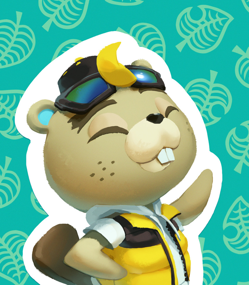 anthro backwards_baseball_cap backwards_hat baseball_cap buckteeth clothed clothing eyes_closed eyewear eyewear_on_head freckles fur green_background hat headgear headwear jacket leaf male round_ears simple_background smile solo sunglasses sunglasses_on_head teeth topwear vest nikogeyer animal_crossing nintendo c.j._(animal_crossing) beaver mammal rodent 2020 hi_res