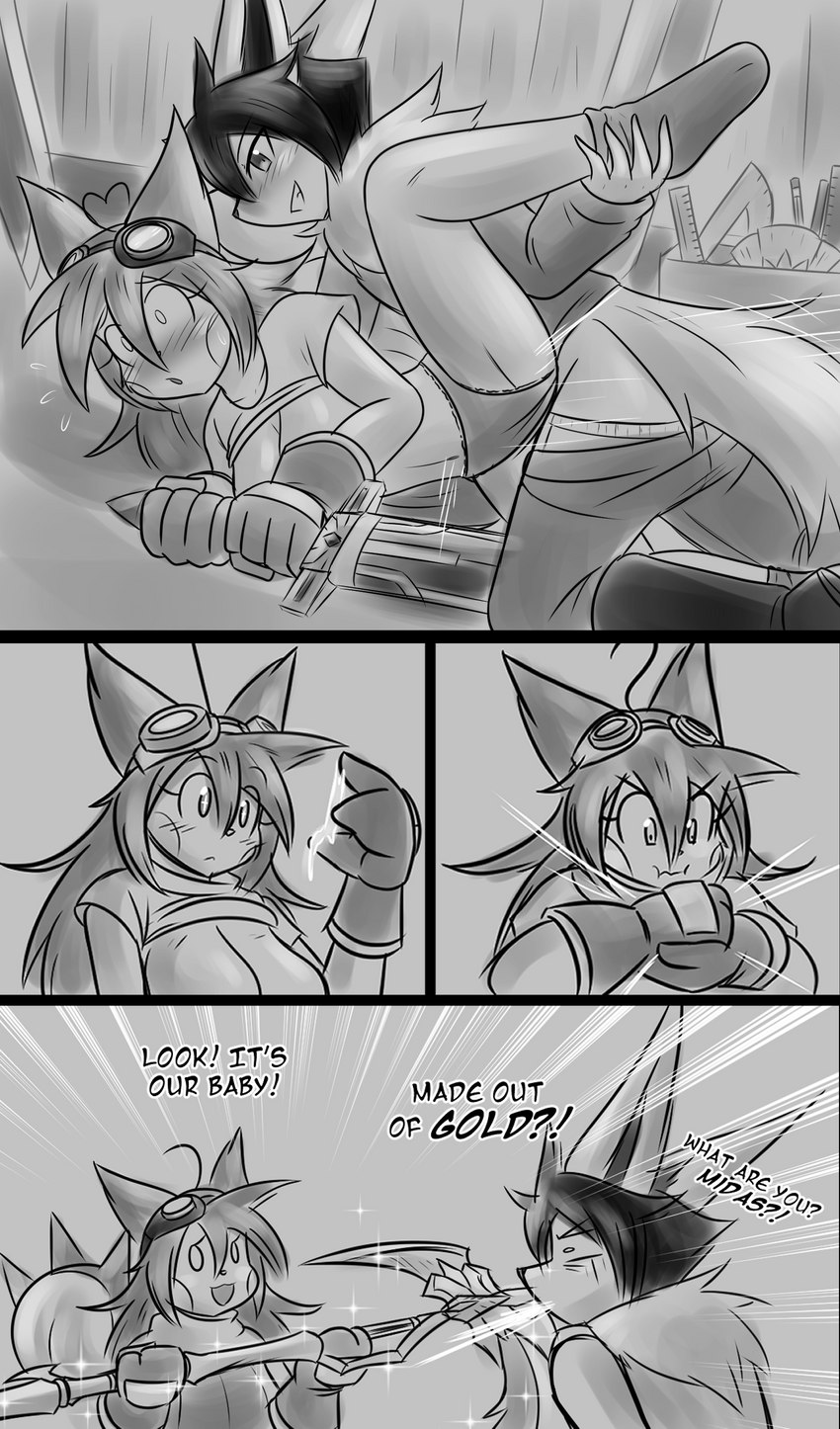 4-panel 4_panel_comic ahoge anthro asymmetrical_hair big_gloves blacksmith blush blush_lines bodily_fluids boots bottomwear box cardboard cardboard_box cheek_markings clenched_teeth clothed clothing clothing_aside clothing_lift clothing_pull comic_panel container crushing_object cum cum_on_hand dark_hair dialogue duo effort eyewear eyewear_on_head facial_markings female floor fluffy fluffy_tail footwear fur_collar genital_fluids goggles goggles_on_head gold_(metal) grin hair hand_holding hand_on_leg happy head_markings heart_ahoge holding_leg holding_leg_up holding_object holding_weapon interspecies looking_at_another looking_at_partner male male/female markings melee_weapon mostly_nude moulding open_mouth panties panties_aside pants panty_pull pen pencil_(object) polearm pouting presenting protractor raised_leg ruler scabbard scythe shirt shirt_lift shocked shoes simple_background smile socks sparkles sparkling_eyes spiky_hair spit-take squirrel_tail surprise surprised_expression sweat sword tail teeth teeth_showing text topwear transformation underwear underwear_aside underwear_pull wall_(structure) weapon what wide_eyed tetsushi nintendo pokemon fan_character keith_wilson canid canine eeveelution generation_1_pokemon generation_4_pokemon jolteon mammal pachirisu pokemon_(species) rodent sciurid tree_squirrel weavile 2024 absurd_res comic digital_drawing_(artwork) digital_media_(artwork) english_text hi_res monochrome