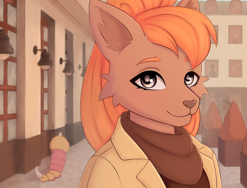 anthro autumn clothed clothing coat female group hair outside red_hair scarf smile street topwear tanatos_aaa nintendo pokemon canid canine deino diglett fox generation_1_pokemon generation_4_pokemon generation_5_pokemon lucario mammal pokemon_(species) vulpix weedle zubat digital_media_(artwork) hi_res