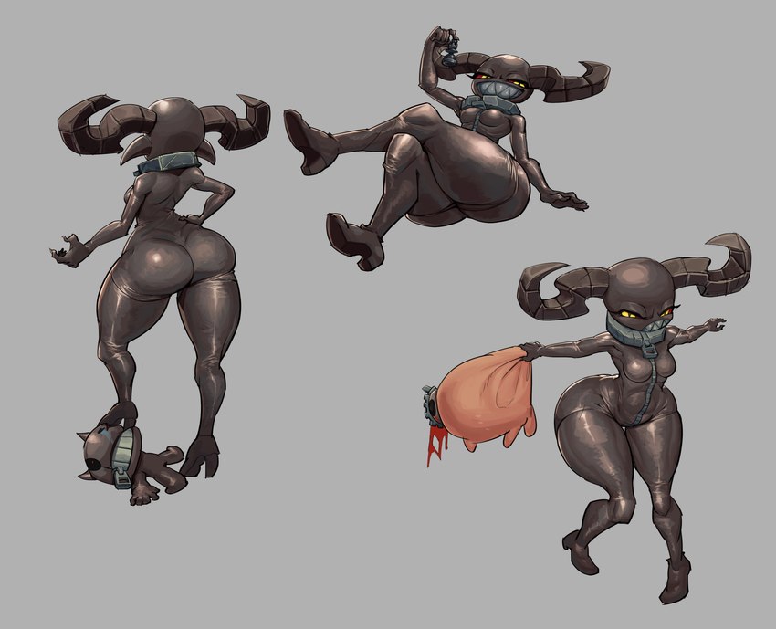 big_butt black_bodysuit black_clothing black_horn black_skinsuit bodysuit bottom_heavy breasts butt clothing collar crossed_legs eyelashes female female_focus footwear glistening glistening_clothing grey_background group high_heels horn larger_female looking_at_viewer medium_breasts not_furry shoes simple_background sitting size_difference skinsuit solo_focus standing stomping thick_thighs tight_clothing trio wide_hips yellow_eyes macanick fiend_folio_(tboi_mod) the_binding_of_isaac_(series) madomme_(the_binding_of_isaac) demon demon_humanoid humanoid absurd_res hi_res