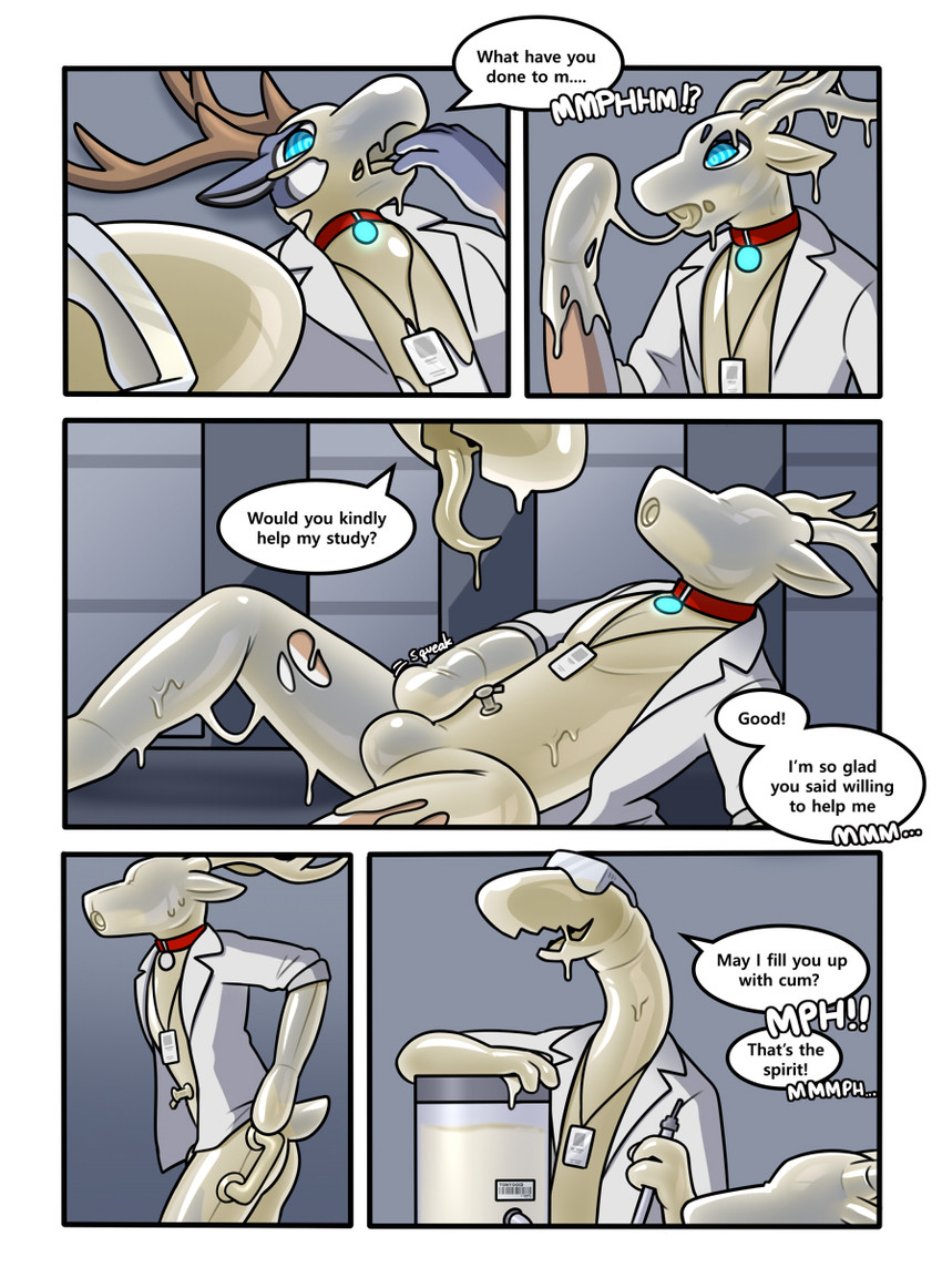5_panel_comic after_transformation air_valve air_valve_navel anthro antlers apode blue_eyes bodily_fluids border clothing coat collar cum duo eyeless eyewear eyewear_on_head faceless featureless_face genital_fluids goggles goggles_on_head grey_background handles_on_hips handles_on_thighs horn inflatable lab_coat latex latex_transformation legless lying male male/male male_anthro medical mid_transformation null null_bulge on_back open_mouth pooltoy_transformation scientist serpentine simple_background submissive submissive_anthro submissive_male text tongue tongue_out topwear transformation white_border hacony dr._sperm jaiy animate_inanimate cum_creature deer draconcopode goo_creature latex_creature living_inflatable mammal naga sperm_naga comic english_text hi_res