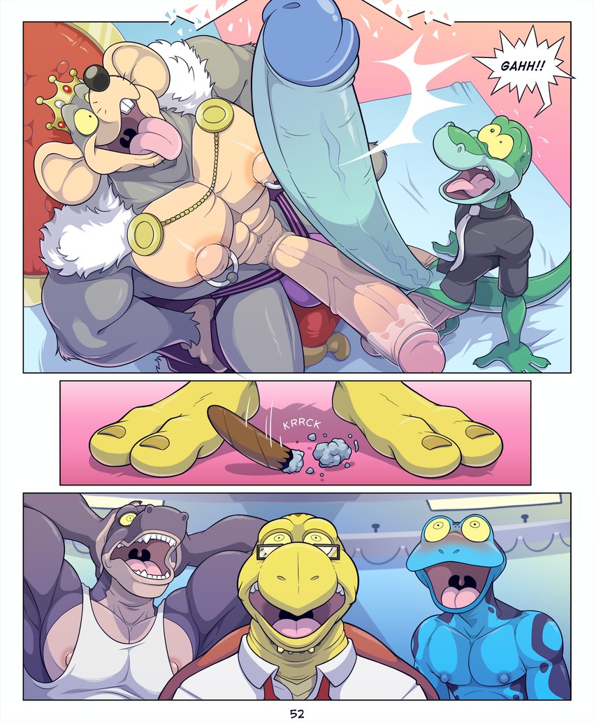 2_toes 4_fingers anthro barefoot biceps big_nipples big_penis black_nose blue_body blue_glans blue_nipples blush breaking_the_fourth_wall buckteeth chair chin_spikes cigar clothed clothed/nude clothed_anthro clothed_male clothing colored_nails comic_panel countershade_torso countershading crown erection eyewear facial_spikes feet fingers foreskin furniture genitals glans glasses green_body group hand_on_head headgear huge_penis humanoid_genitalia humanoid_penis hyper hyper_genitalia hyper_penis inside looking_at_another's_genitalia looking_at_another's_penis looking_at_genitalia looking_at_own_genitalia looking_at_own_penis looking_at_penis looking_at_self male male/male muscular muscular_anthro muscular_arms muscular_male nails nipple_piercing nipples nude nude_anthro nude_male on_chair on_throne open_mouth page_number panel_interaction penis piercing pink_glans pink_tongue rectangular_glasses retracted_foreskin sharp_teeth shirt shocked sitting sitting_on_chair sitting_on_throne slim slim_anthro slim_male small_nipples spikes spikes_(anatomy) tan_body tan_countershading tan_nipples tan_penis tank_top teeth thick_arms throne toenails toes tongue tongue_out topwear urethra vein veiny_penis white_clothing white_shirt white_tank_top white_topwear wide_mouth yellow_body yellow_feet yellow_nails yellow_toenails yellow_toes anti_dev cybin_(anti_dev) jim_rat mr._swift_(anti_dev) tripp_(anti_dev) vox_(anti_dev) amphibian anole frog komodo_dragon lizard mammal monitor_lizard murid murine poison_dart_frog rat reptile rodent scalie sea_turtle turtle 2025 comic digital_drawing_(artwork) digital_media_(artwork) hi_res
