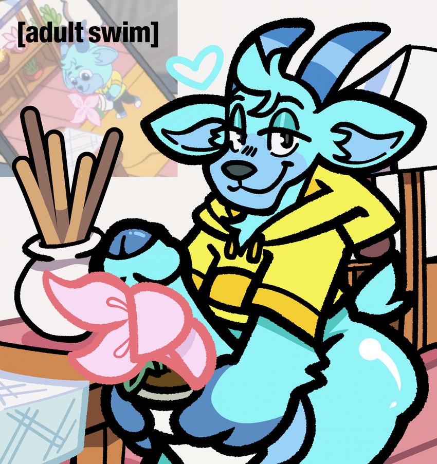 2_horns 3_fingers anthro balls bedroom_eyes big_balls big_butt big_penis black_eyes black_nose blue_body blue_ears blue_fur blue_hair blue_horn blue_tail bottomless butt clothed clothing fingers flower foreskin fur furniture genitals hair heart_symbol holding_object hoodie hooves horn inside looking_at_viewer male multicolored_body multicolored_clothing multicolored_fur multicolored_horn multicolored_topwear narrowed_eyes orange_clothing orange_hoodie orange_topwear penis plant plant_pot scut_tail seductive short_tail smile solo striped_horn stripes table tail thick_thighs topwear two_tone_clothing two_tone_hoodie two_tone_horn two_tone_topwear yellow_clothing yellow_hoodie yellow_topwear pdoctori adult_swim cartoon_network common_side_effects unnamed_character unnamed_deer_character_(common_side_effects) deer lumpkin mammal 2025 hi_res