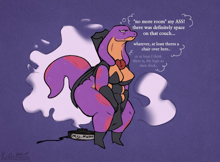 annoyed anthro belly belly_rolls big_belly big_breasts black_clothing boots breasts cape cleavage clothed clothing costume countershading crouching fangs female fog fog_machine footwear frown furrowed_brow gloves handwear imminent_inflation lingerie machine narrowed_eyes orange_body orange_countershading orange_skin overweight overweight_anthro overweight_female purple_background purple_body purple_skin purple_tail shoes simple_background skimpy solo spots tail teddy_(clothing) teeth text thick_tail thought_bubble kafrizzzle keeshee cobra lamarian reptile scalie snake 2022 digital_media_(artwork) english_text signature