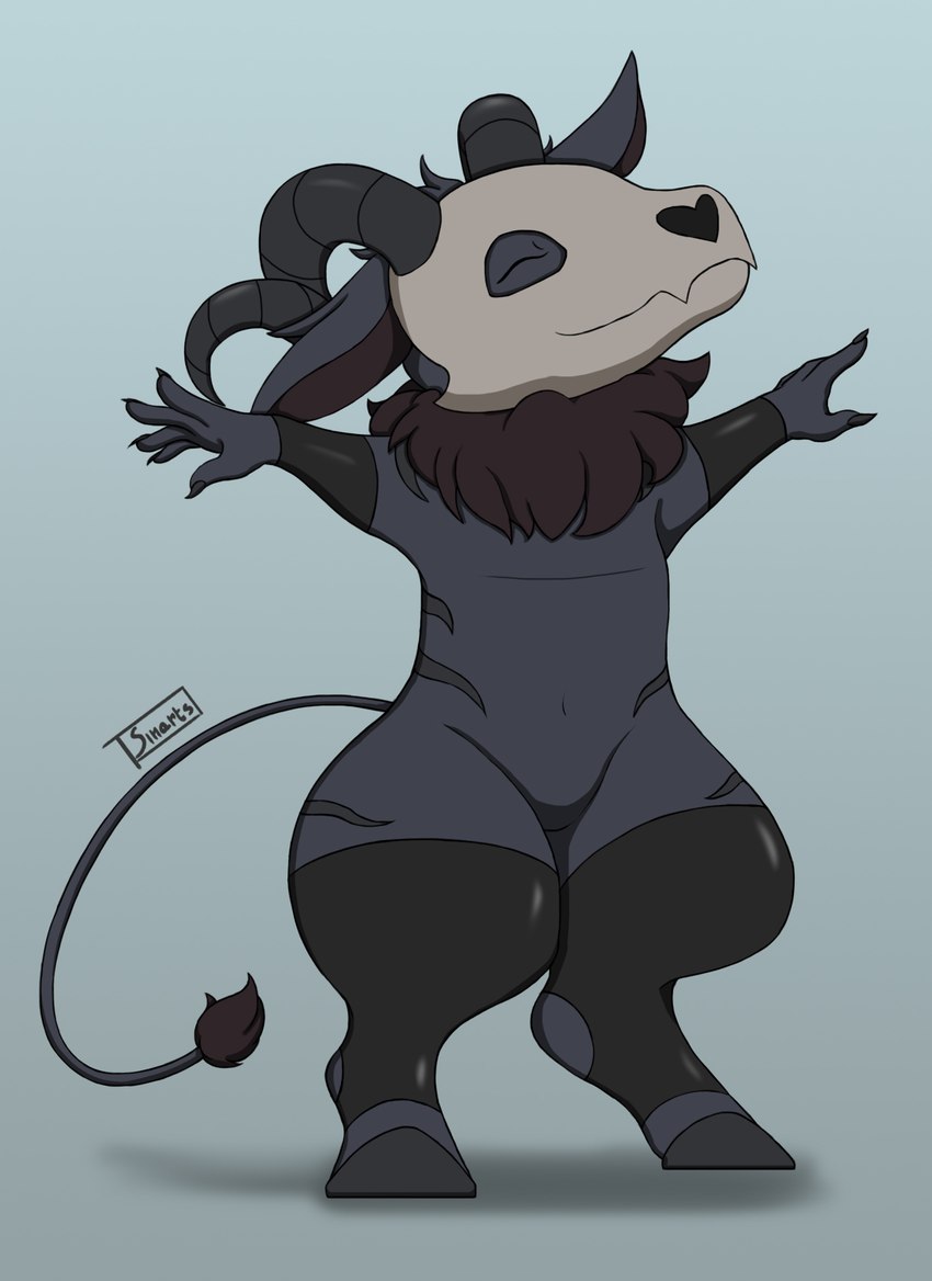 anthro armwear bone chest_tuft chibi clothing eyes_closed floppy_ears fur fur_markings hooves horn legwear male markings nails skull skull_head smile solo spread_arms tail thigh_highs tuft sinarts zau_(sinarts) bovid bovine caprine demon mammal hi_res