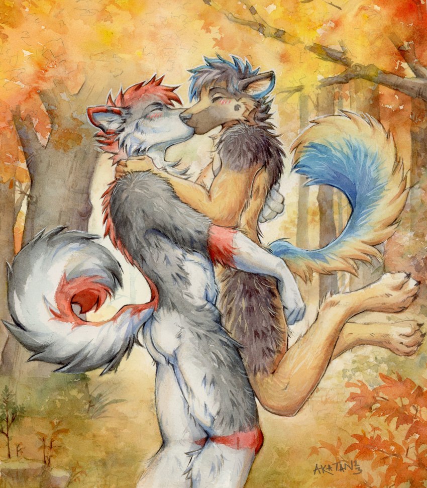 anthro anthro_on_anthro arm_tuft back_tuft blush brown_body brown_fur brown_hair butt cheek_tuft duo eyes_closed facial_tuft forest fur grey_body grey_fur hair kissing male male/male neck_tuft nude orange_body orange_fur outside plant red_hair shoulder_tuft tree tuft akatan_art dayzer canid canine canis domestic_dog german_shepherd herding_dog husky mammal nordic_sled_dog pastoral_dog spitz gouache_(artwork) hi_res mixed_media painting_(artwork) traditional_media_(artwork) watercolor_(artwork)