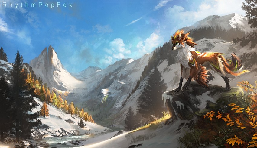 brown_body brown_fur cloud day feathers feral fur grass light mountain outside plant sky snow solo tree white_body white_fur rhythmpopfox 2022 artist_name digital_media_(artwork) hi_res lighting shaded