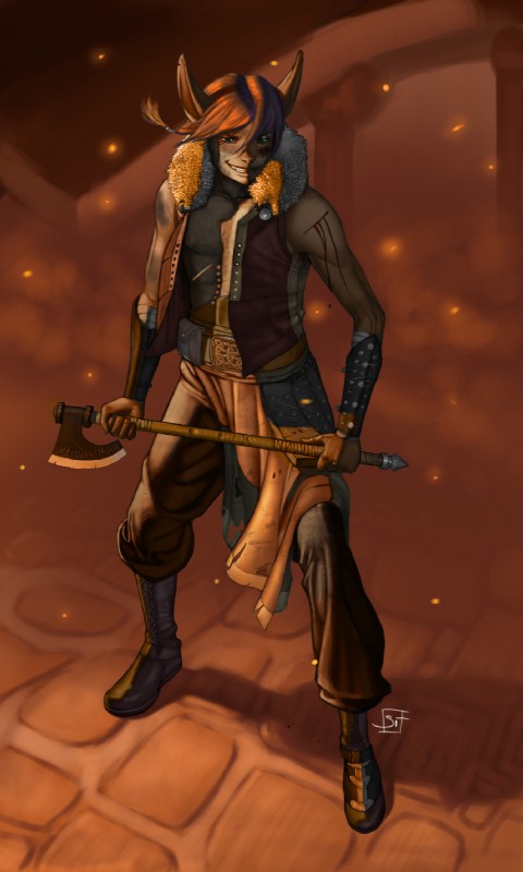 anthro axe futhark grin holding_object holding_weapon looking_at_viewer male melee_weapon runes smile solo weapon sickyicky lagomorph leporid mammal rabbit 2011 brown_theme hi_res warm_colors