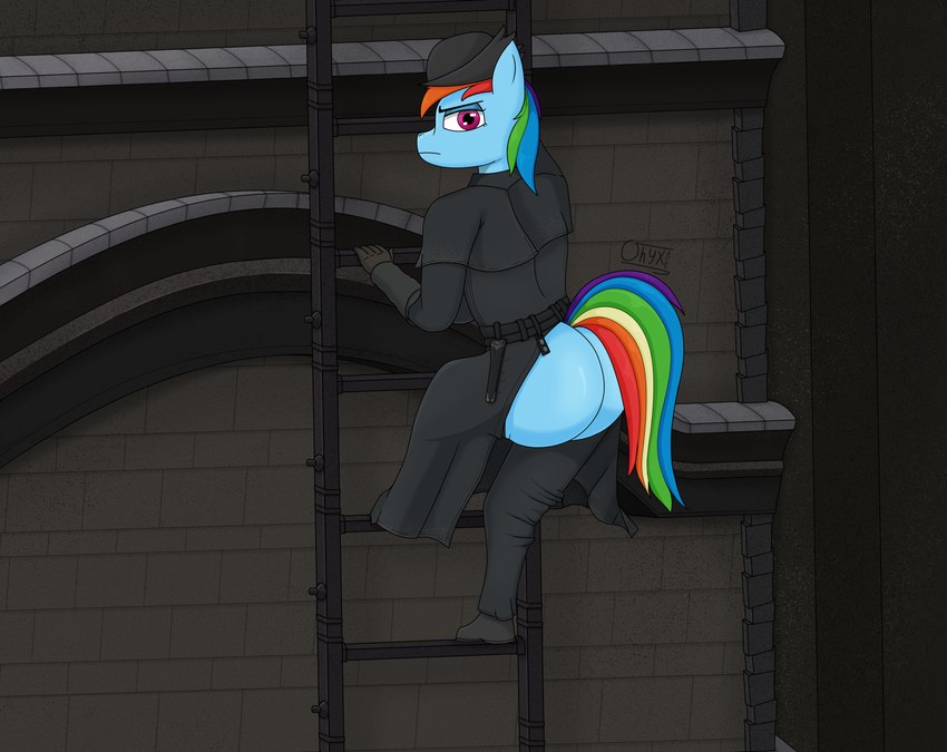 annoyed anthro big_breasts big_butt bottomwear breasts butt cape climbing_ladder clothing detailed_background exposed_butt female footwear huge_butt ladder looking_back pants robe shoes side_boob solo wings onyxmeow bloodborne friendship_is_magic fromsoftware hasbro my_little_pony mythology sony_corporation sony_interactive_entertainment rainbow_dash_(mlp) equid equine mammal mythological_creature mythological_equine pegasus absurd_res hi_res