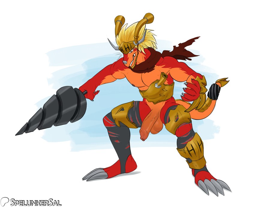 anthro armor balls big_penis biped blonde_hair broken_armor clothed clothing damaged_armor fingers foreskin genitals hair half-erect headgear helmet holding_melee_weapon holding_object holding_weapon horn humanoid_genitalia humanoid_hands humanoid_penis long_foreskin looking_at_genitalia looking_at_own_penis looking_at_penis looking_at_self looking_down male male_anthro melee_weapon muscular muscular_male nipples non-mammal_balls non-mammal_nipples nude orange_body orange_skin partially_clothed pecs penis plantigrade solo standing surprise surprised_look tail teeth torn_clothing uneven_balls unretracted_foreskin vein veiny_penis wardrobe_malfunction weapon spelunker_sal bushiroad future_card_buddyfight mythology drum_bunker_dragon dragon mythological_creature mythological_scalie scalie absurd_res hi_res monochrome