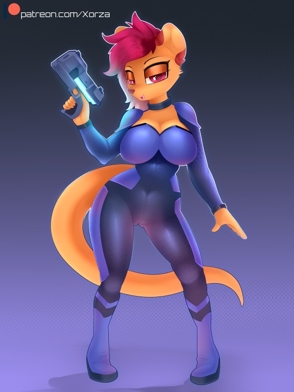 anthro armor big_breasts boots breasts butt butt_from_the_front clothing cosplay female footwear gun ranged_weapon shoes solo weapon xorza nintendo star_fox mammal mustelid otter 3:4 hi_res