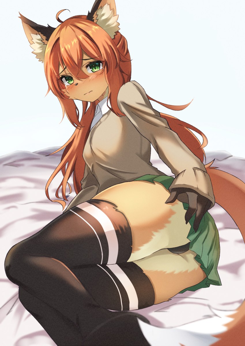 anthro bed black_clothing black_panties black_underwear blush bottomwear bulge butt clothed clothing crossdressing embarrassed femboy fur furniture green_eyes hair kemono legwear long_hair looking_at_viewer lying male male_anthro multicolored_body multicolored_fur on_bed panties school_uniform skirt solo sweater thigh_highs topwear underwear uniform an_chobi94 remu-kun canid canine fox mammal 2023 digital_media_(artwork) hi_res