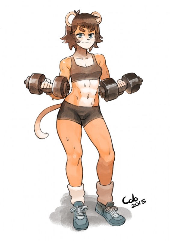 anthro blue_eyes bodily_fluids bottomwear bra brown_hair clothed clothing dumbbell exercise female fingerless_gloves gloves hair handwear midriff navel short_hair shorts smile solo sports_bra sweat underwear weights workout colo felid mammal 2015 hi_res