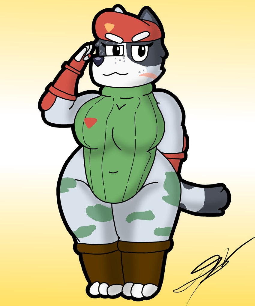 anthro breasts camo clothing cosplay female freckles fur gloves grey_body grey_fur handwear military_clothing military_hat multicolored_body multicolored_fur one_piece_suit scar simple_background slightly_chubby solo thick_thighs two_tone_body two_tone_fur white_body white_fur d13w0tt_(artist) bluey_(series) capcom street_fighter cammy_white trixie_heeler canid canine canis cattledog domestic_dog herding_dog mammal pastoral_dog 5:6 hi_res