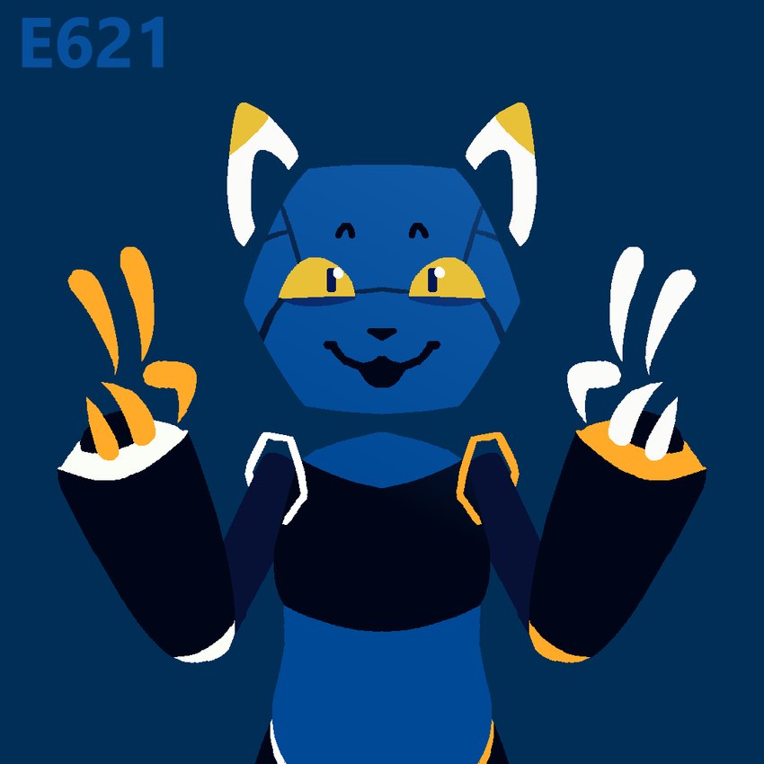 ambiguous_gender anthro blue_body front_view gesture hand_gesture looking_at_viewer mascot open_mouth smile solo v_sign yellow_eyes hailey_png e621 esix domestic_cat felid feline felis humanoid mammal 1:1