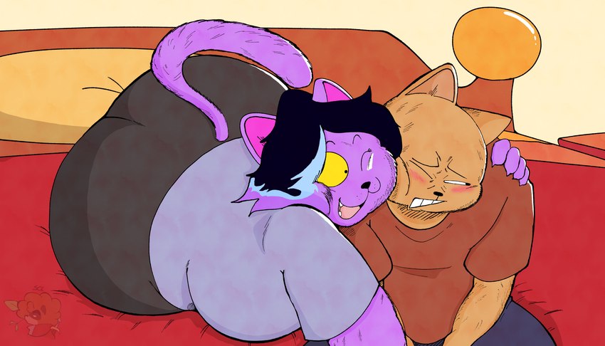 anthro ass_up bed bedroom big_breasts big_butt big_cheeks biped black_hair blue_highlights bottomwear breasts butt cheek_to_cheek chubby_cheeks claws clenched_teeth clothed clothing cuddling curvy_figure duo face_squish fangs female fur furniture hair hand_on_shoulder happy highlights_(coloring) hug huge_butt hugging_another hugging_from_behind logo looking_at_another looking_at_partner looking_away lying lying_on_bed male male/female narrowed_eyes on_bed on_front one_eye_closed open_mouth open_smile overweight overweight_anthro overweight_female pants pillow purple_body purple_fur romantic romantic_couple shirt shy sitting sitting_on_bed smile squish t-shirt tail tan_body tan_fur teeth tight_bottomwear tight_clothing tight_pants topwear weight_difference wide_hips supacrusaderkj undertale_(series) burgerpants catty_(undertale) domestic_cat felid feline felis mammal 2024 absurd_res artist_logo hi_res signature watermark