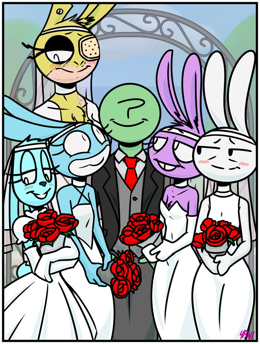 age_difference anthro blush border buckteeth clothed clothing dress female flower fur gloves group handwear happy male plant polyamory polygamy scar smile teeth wedding wedding_dress white_border fourball five_nights_at_freddy's five_nights_at_freddy's_2 five_nights_at_freddy's_3 roommates:motha scottgames april_marchand_may_(roommates) beanie_(roommates) bonbon_(roommates) bonnibel_(roommates) bonnie_(fnaf) carrol_(roommates) springtrap_(fnaf) lagomorph leporid mammal rabbit 2022 digital_media_(artwork) hi_res