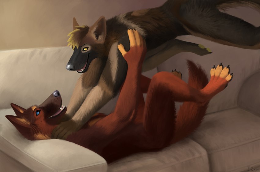 anthro blue_eyes brown_body brown_fur butt casual_nudity claws digitigrade duo eye_contact fangs featureless_crotch feet fur furniture happy hug inside jumping looking_at_another male male/male nude on_sofa paws playful playing pounce smile sofa spread_toes tail teeth toes tongue djano brantley canid canine canis domestic_dog german_shepherd herding_dog mammal pastoral_dog digital_drawing_(artwork) digital_media_(artwork) hi_res signature