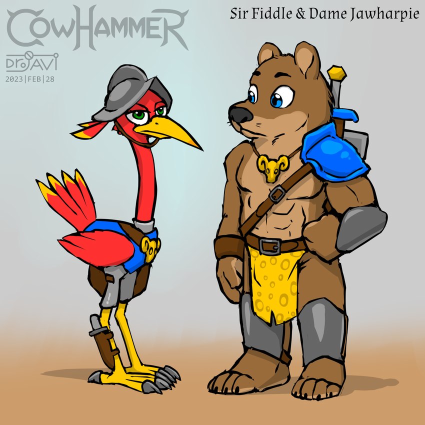 anthro armor beak bottomwear clothing duo female headgear helmet knife loincloth male melee_weapon shoulder_armor sword weapon drjavi banjo-kazooie rareware banjo_(banjo-kazooie) kazooie avian bear breegull mammal 1:1 hi_res