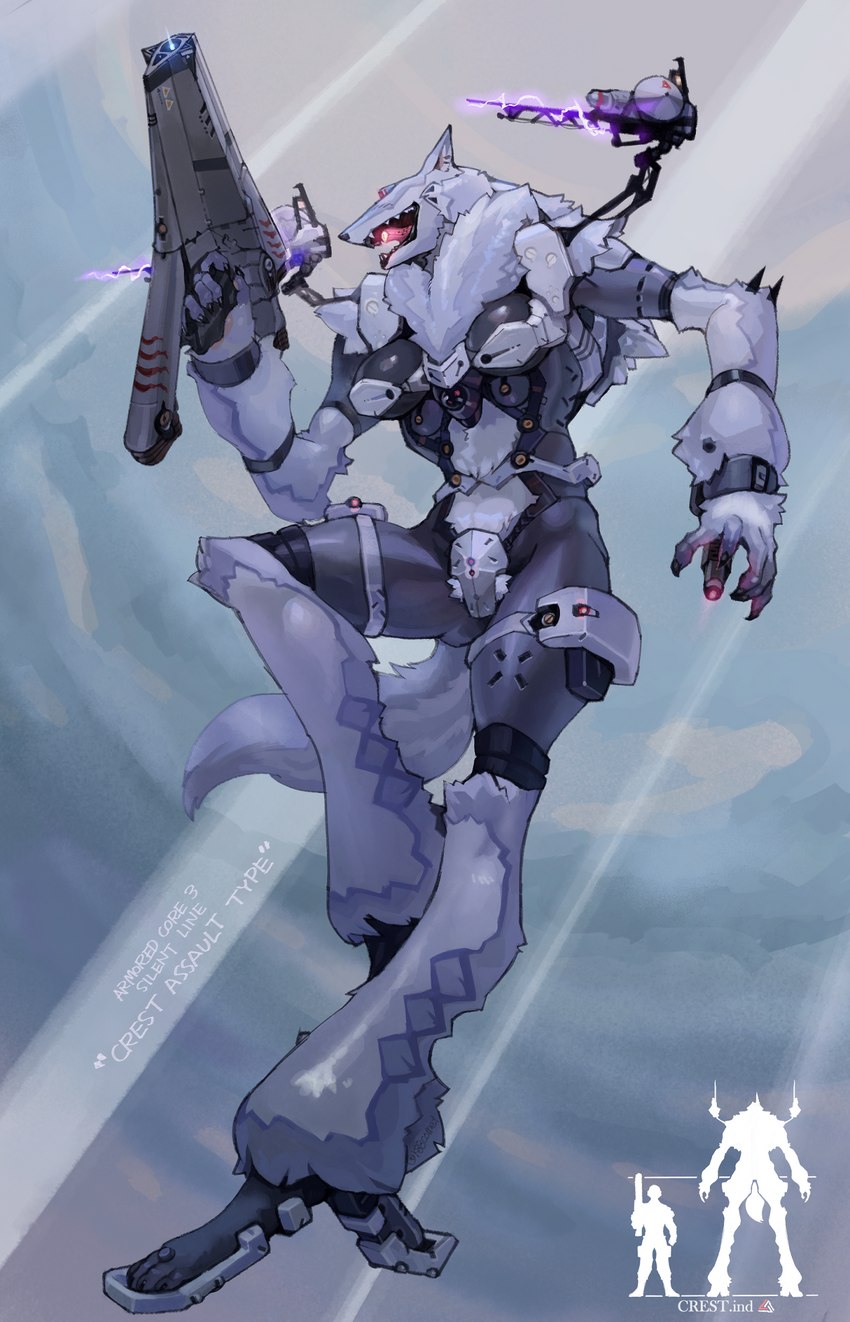 anthro biped blue_body blue_fur boob_armor breasts codpiece female fur futuristic_gun gun holding_object holding_weapon light light_beam machine midair ranged_weapon shoulder_cannon sky solo weapon white_body white_fur hideki_kaneda armored_core_(series) crest_assault_type_(hideki_kaneda) fan_character canid canine canis mammal robot robot_anthro wolf cloudy_(disambiguation) hi_res