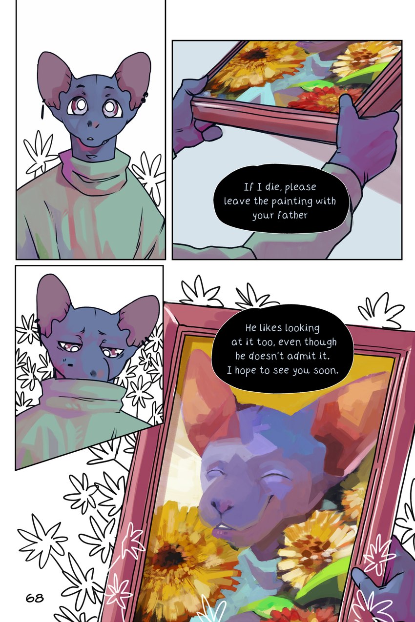 clothing dialogue emotional flower hairless inside male painting plant purple_eyes simple_background sweater text topwear white_background bastriw pato_(bastriw) domestic_cat felid feline felis hairless_cat mammal sphynx_(cat) 2:3 comic english_text hi_res