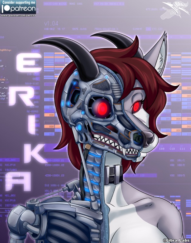 anatomy bared_teeth collar countershading cross_section glowing glowing_eyes hair horn machine nude programming red_eyes red_hair solo text text_background white_body white_countershading libra-11 android canid canine mammal robot erika_(disambiguation) bust_portrait digital_media_(artwork) hi_res portrait