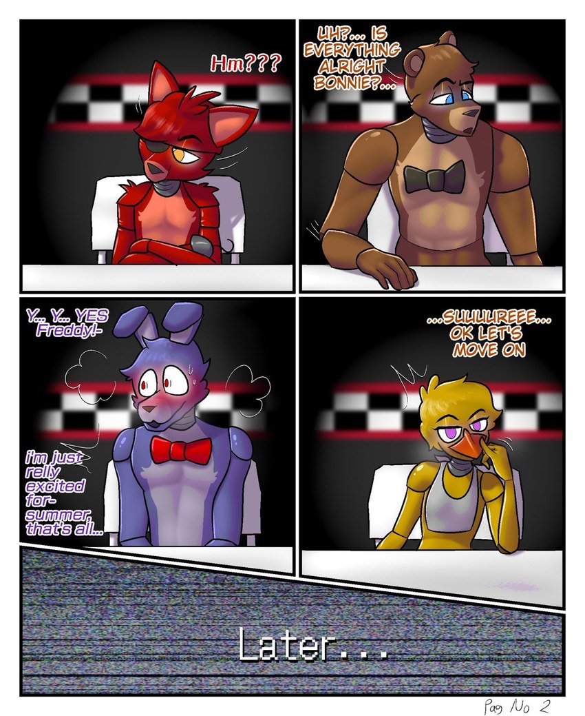 anthro bodily_fluids bow_tie brown_text dialogue ellipsis exclamation_point female fingers furniture group male male/female nervous nervous_smile nervous_sweat purple_text question_mark red_text sweat table text transition yerolay five_nights_at_freddy's scottgames bonnie_(fnaf) chica_(fnaf) foxy_(fnaf) freddy_(fnaf) avian bear bird canid canine chicken fox galliform gallus_(genus) lagomorph leporid mammal phasianid rabbit 2022 comic digital_media_(artwork) english_text hi_res