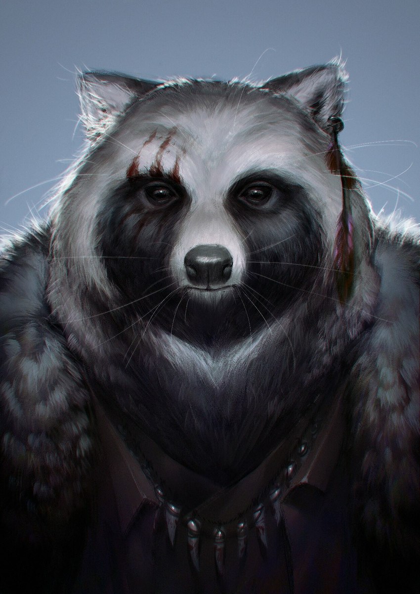 anthro black_body black_fur black_nose clothed clothing fur grey_background grey_body grey_fur looking_at_viewer male simple_background solo whiskers white_body white_fur wayn_animation canid canine mammal raccoon_dog tanuki 2020 adobe_photoshop_(artwork) bust_portrait detailed digital_media_(artwork) digital_painting_(artwork) hi_res portrait