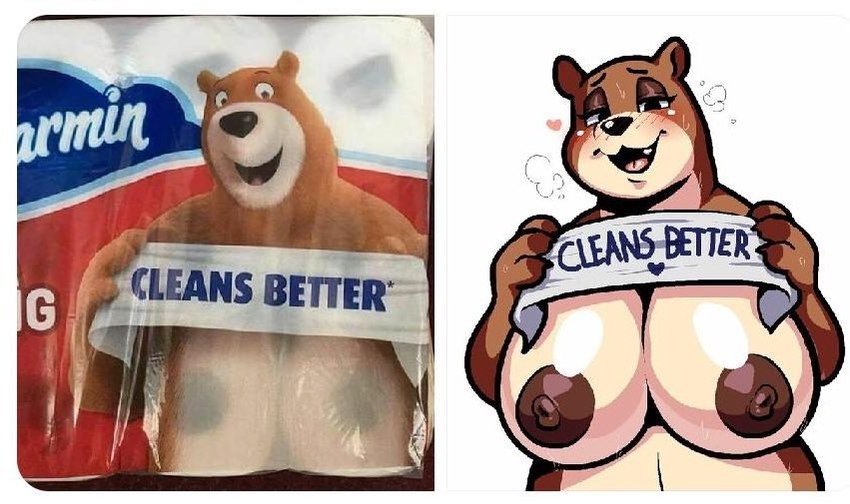 anthro big_breasts breasts brown_body brown_fur female female_anthro fur huge_breasts innuendo nipple_dip nipples shitpost solo thick_neck toilet_paper lollipopcon charmin charmin_bear leonard_(charmin) bear mammal better_version_at_source meme photography_(artwork)