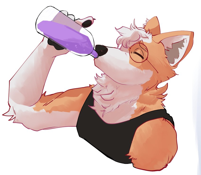 anthro beverage claws clothed clothing drinking eyes_closed eyewear fur glasses holding_beverage holding_object male natural_colors pawpads simple_background solo tan_body tan_fur white_background cloudboyo reuben_(naughtybutt) canid canine canis domestic_dog herding_dog mammal pastoral_dog welsh_corgi hi_res