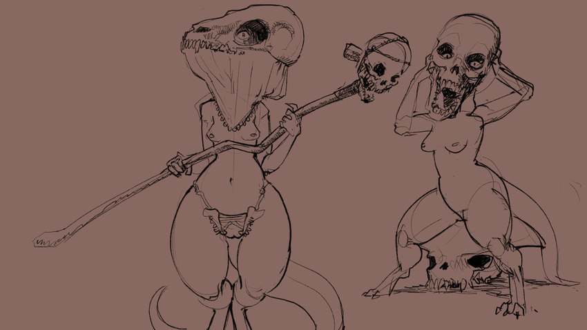 anthro bone breasts duo female genitals holding_object holding_staff looking_at_viewer mask nipples non-mammal_breasts pussy simple_background skull skull_mask small_breasts staff thick_thighs tribal meandraco kobold reptile scalie 16:9 hi_res widescreen