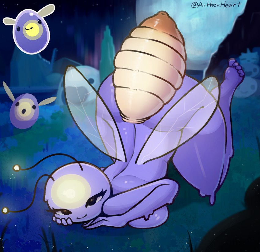 anus arthropod_abdomen arthropod_abdomen_anus bioluminescence detailed_background female glowing nude outside purple_body seductive smile solo wings aitherheart slime_rancher arthropod beetle elateroid firefly goo_creature humanoid insect phosphor_slime slime_(slime_rancher) hi_res