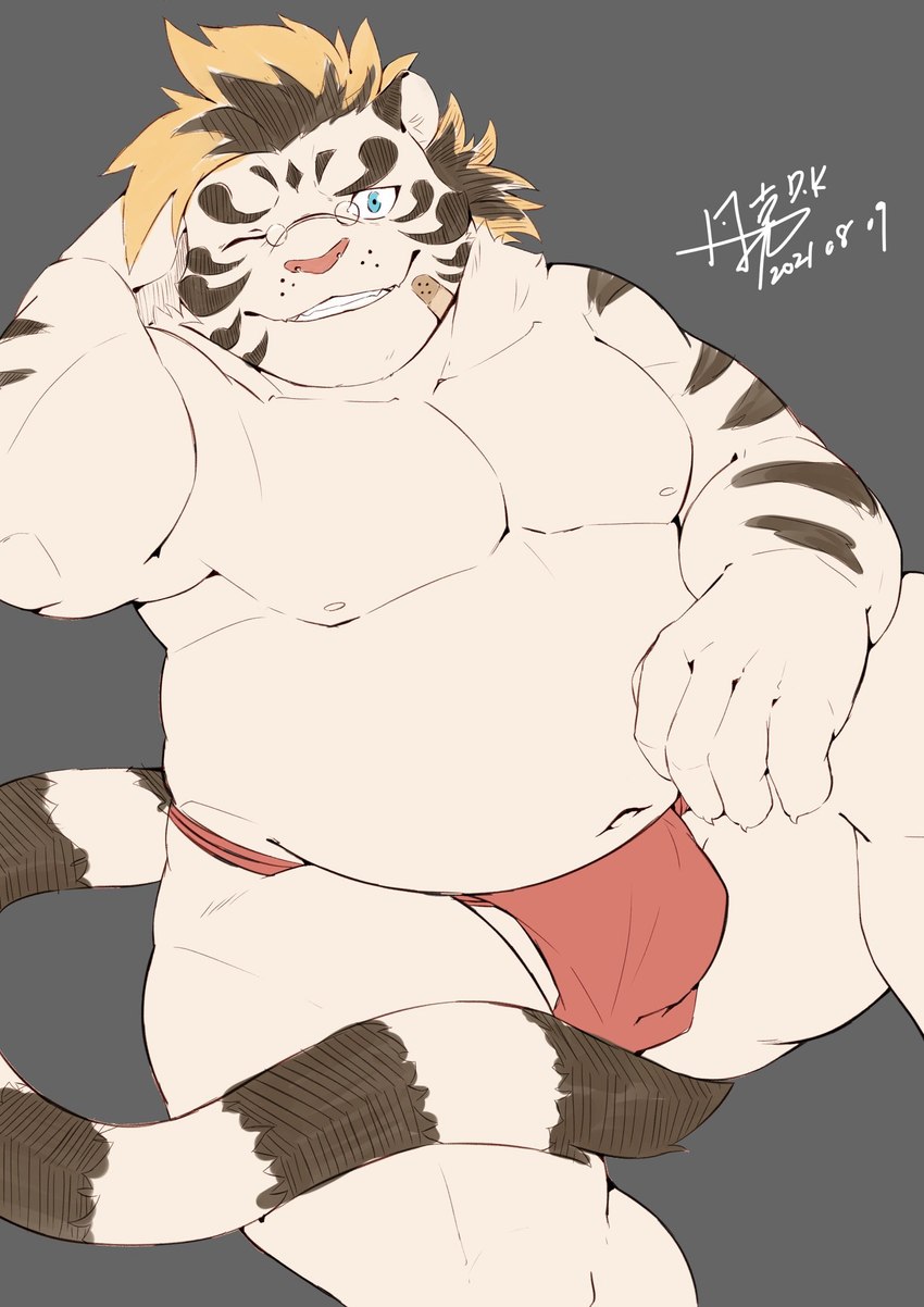 anthro asian_clothing belly bulge clothing east_asian_clothing eyewear fundoshi fur glasses humanoid_hands japanese_clothing kemono male moobs navel nipples one_eye_closed overweight overweight_male red_clothing red_fundoshi red_underwear simple_background sitting solo underwear white_body white_fur wink jmeo1230 lifewonders tokyo_afterschool_summoners licho_(tas) felid mammal pantherine tiger 2021 hi_res