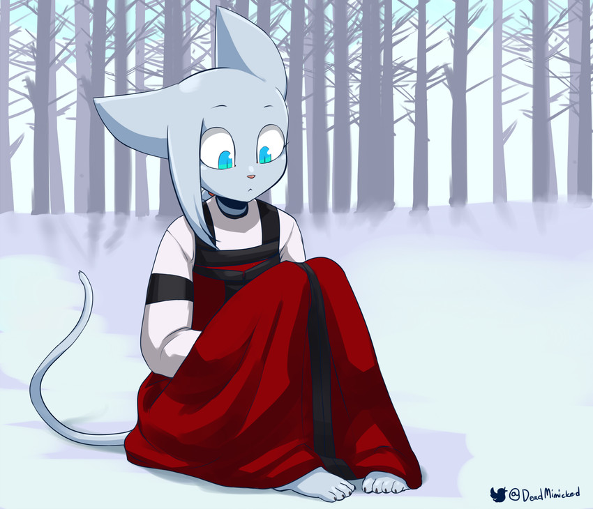 anthro blue_body blue_eyes blue_fur claws clothed clothing detailed_background dress feet female forest fur hair humanoid_feet nature on_ground outside plant plantigrade ponytail sitting snow solo tree winter deadmimicked slavcat domestic_cat felid feline felis mammal 2019 hi_res signature