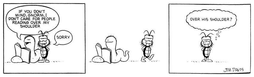 3_panel_comic antennae_(anatomy) anthro book dialogue duo front_view humor looking_at_viewer looking_back looking_over looking_over_shoulders male reading reading_book rock simple_background standing talking_to_another thought_bubble jim_davis_(artist) gnorm_gnat_(series) jim_davis public_domain cecil_(gnorm_gnat) gnorm_gnat_(character) arthropod gastropod gnat insect mollusk slug 1974 20th_century absurd_res ancient_art black_and_white comic hi_res monochrome