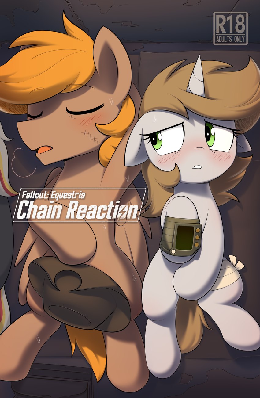 blush covering covering_crotch duo female feral horn male pip-boy sleeping wings wrist_computer shinodage fallout fallout_equestria hasbro microsoft my_little_pony mythology calamity_(fallout_equestria) fan_character littlepip velvet_remedy equid equine horse mammal mythological_creature mythological_equine pegasus pony unicorn 2022 comic cover hi_res