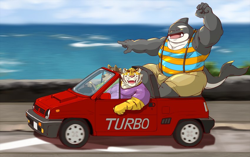 anthro belly big_belly black_body bottomwear brown_body brown_fur car clothed clothing cute_fangs eyes_closed fangs fur group inside_car inside_vehicle kemono male musclegut muscular obese obese_anthro outside overweight overweight_anthro overweight_male shirt shorts sitting tank_top teeth topwear vehicle white_body yellow_body raichoclub honda canid canine canis cetacean dolphin domestic_dog felid mammal marine oceanic_dolphin orca pantherine tiger toothed_whale 2021 hi_res