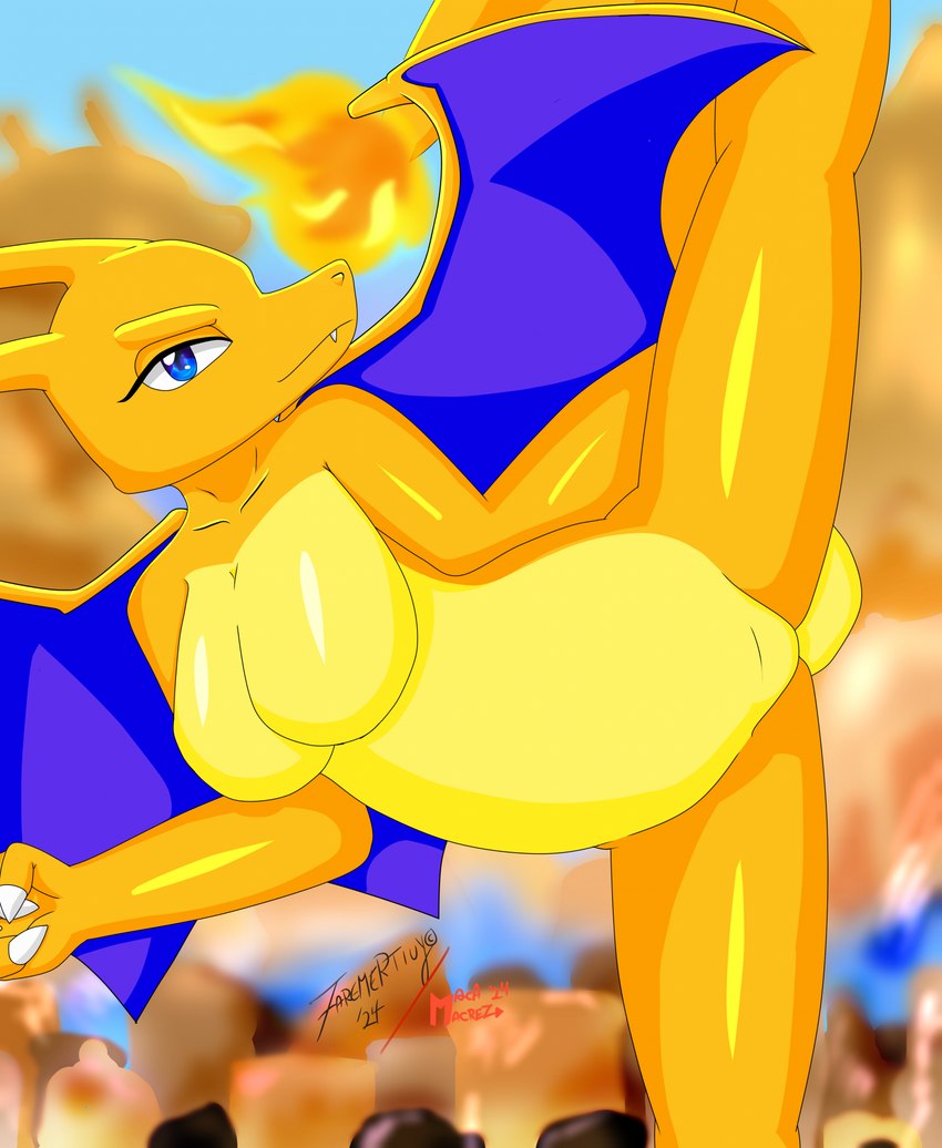 anthro big_breasts blue_wings breasts claws featureless_breasts featureless_crotch female looking_at_viewer nude nude_anthro nude_female raised_leg smile solo spread_legs spreading wings macamacrez nintendo pokemon charizard generation_1_pokemon pokemon_(species) reptile scalie hi_res