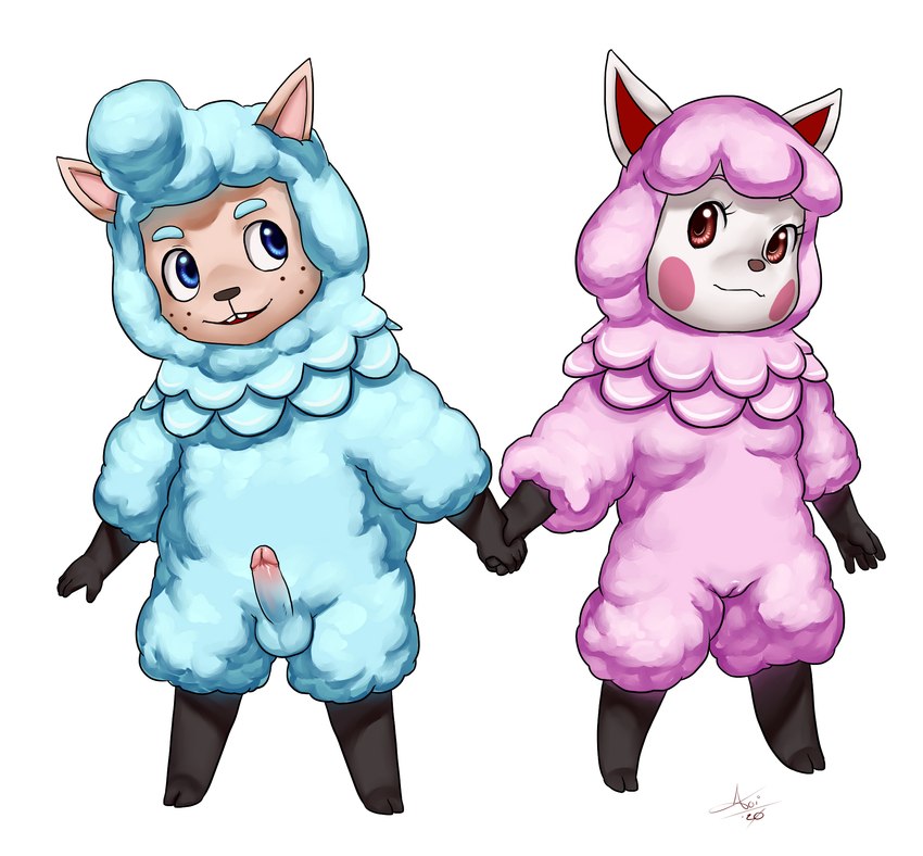 anthro balls blue_body blue_eyes blue_fur blue_wool duo erection female fur genitals hand_holding humanoid_genitalia humanoid_penis male male/female nude penis pink_body pink_eyes pink_fur pink_wool pompadour pussy simple_background wool_(fur) young young_anthro aogami animal_crossing nintendo cyrus_(animal_crossing) reese_(animal_crossing) alpaca camelid mammal 2020 hi_res signature