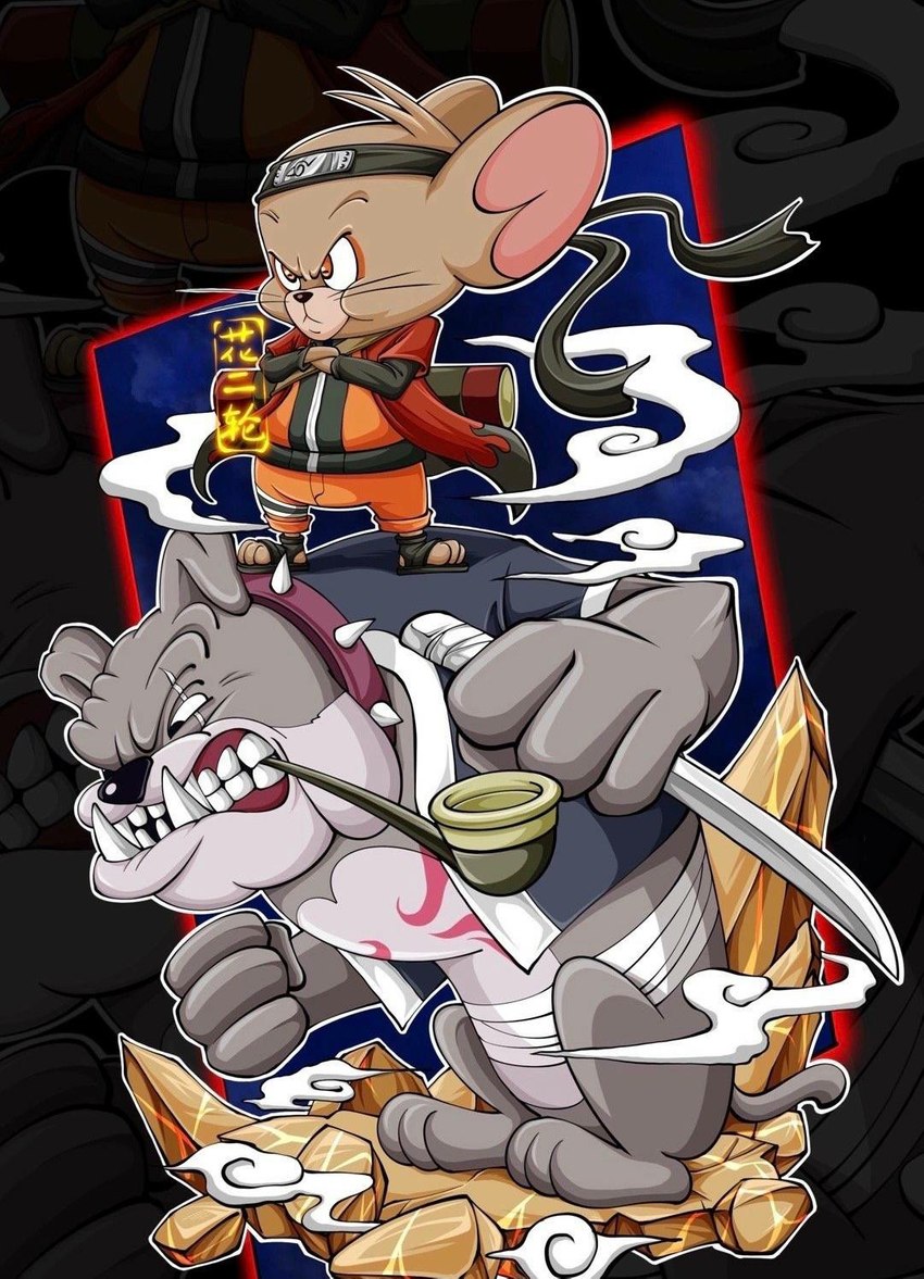 accessory angry anthro bandage clothed clothing crossed_arms duo headband male melee_weapon parody partially_clothed pipe smoke standing sword weapon unknown_artist metro-goldwyn-mayer naruto tom_and_jerry jerry_mouse spike_bulldog canid canine canis domestic_dog mammal mouse murid murine rodent hi_res