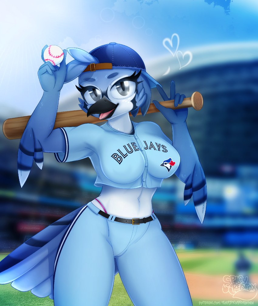 anthro backwards_baseball_cap backwards_hat baseball_(sport) baseball_bat baseball_cap baseball_uniform bat_(object) breasts clothing crossgender female g-string hat headgear headwear non-mammal_breasts shirt solo sport sportswear text text_on_clothing text_on_shirt text_on_topwear topwear underwear uniform spicyredfox mlb toronto_blue_jays ace_(toronto_blue_jays) avian bird blue_jay corvid jay_(bird) new_world_jay oscine passerine english_text hi_res