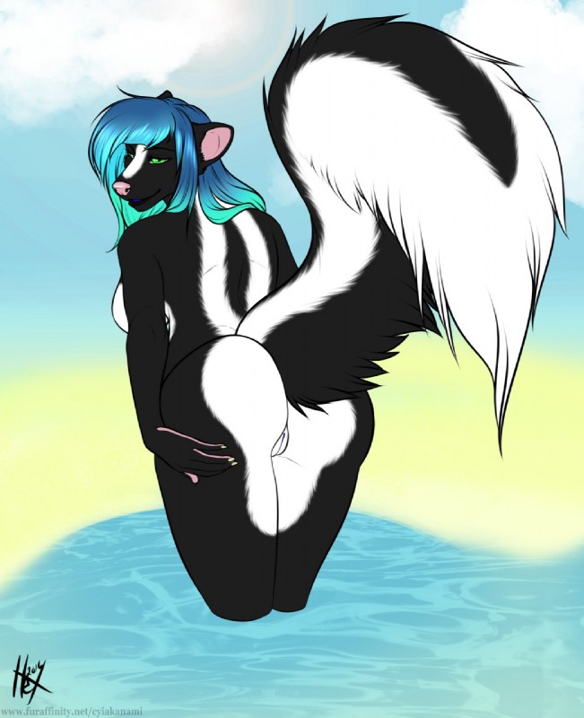 5_fingers anthro back_boob beach bedroom_eyes bent_over big_butt big_tail biped black_body black_fur black_lips black_tail blaze_(marking) blue_hair blue_sky breasts butt claws cloud day detailed_background facial_markings female fingers fluffy fluffy_tail fur genitals gradient_hair green_eyes hair half-closed_eyes hand_on_butt head_markings legs_in_water lips long_hair long_tail looking_at_viewer looking_back markings multicolored_body multicolored_fur multicolored_tail narrowed_eyes naughty_face nude nude_beach outdoor_nudity outside partially_submerged pink_nose presenting presenting_hindquarters pussy rear_view sand sea seaside seductive skinny_dipping sky snout solo submerged_legs tail text thick_thighs two_tone_body two_tone_fur two_tone_tail water white_body white_fur white_tail cyiakanami mavourneen mammal mephitid skunk 2016 digital_media_(artwork) hi_res signature url