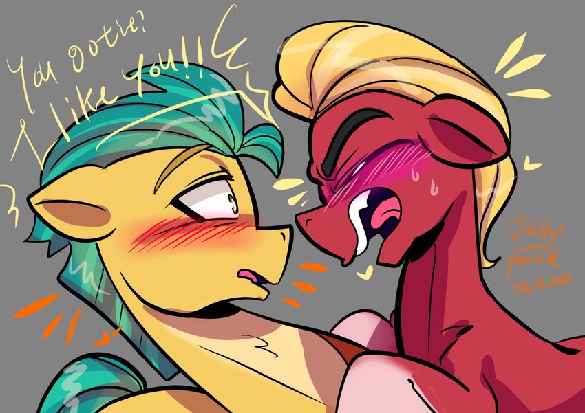 blonde_hair blush bodily_fluids confession green_hair hair male male/male purple_blush red_blush sweat jully-park hasbro mlp_g5 my_little_pony hitch_trailblazer_(mlp) sprout_cloverleaf_(mlp) equid equine horse mammal pony hi_res