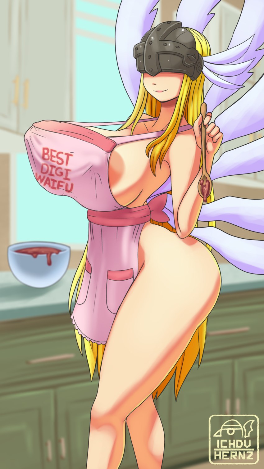 apron apron_only big_breasts blonde_hair breasts clothing female hair huge_breasts thick_thighs wide_hips wings ichduhernz bandai_namco digimon angewomon digimon_(species) humanoid winged_humanoid 4k 9:16 absurd_res hi_res