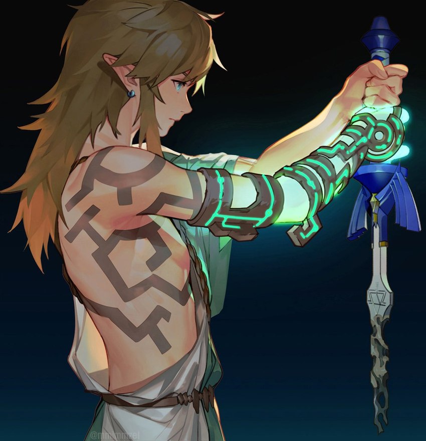 blonde_hair clothing ear_piercing ear_ring hair holding_melee_weapon holding_object holding_sword holding_weapon humanoid_pointy_ears light_body light_skin long_hair male markings master_sword melee_weapon not_furry piercing pointy_ears ring_piercing solo sword weapon mmimmzel nintendo tears_of_the_kingdom the_legend_of_zelda link elf humanoid hylian