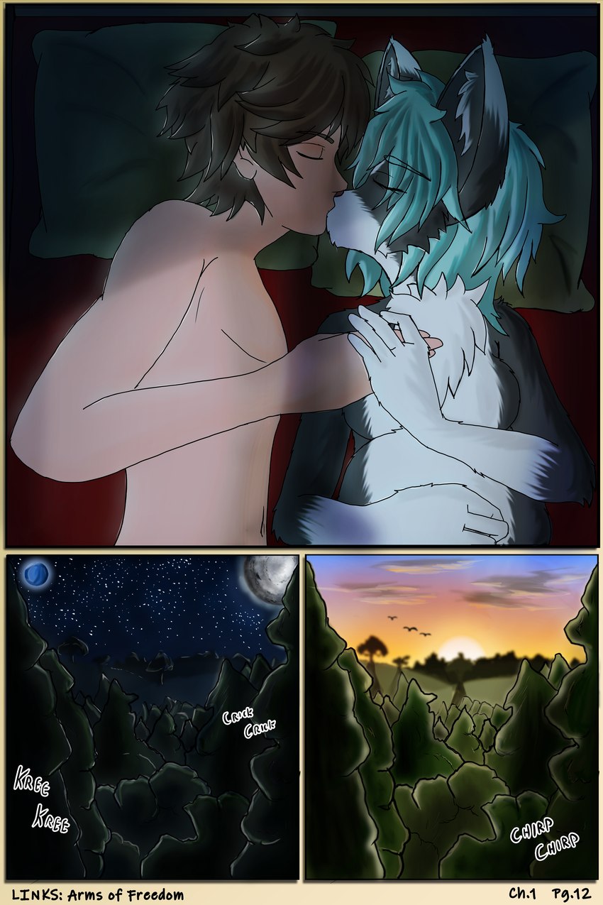 anthro blue_hair breasts brown_hair female fur grey_body grey_fur hair hand_holding human_on_anthro interspecies kissing light love lying male male_human moonlight morning night pregnant romantic sunlight text under_covers farfener links the_auroran_archives aerya_(links) dylandy_(links) domestic_cat felid feline felis human mammal 2:3 absurd_res colored comic hi_res